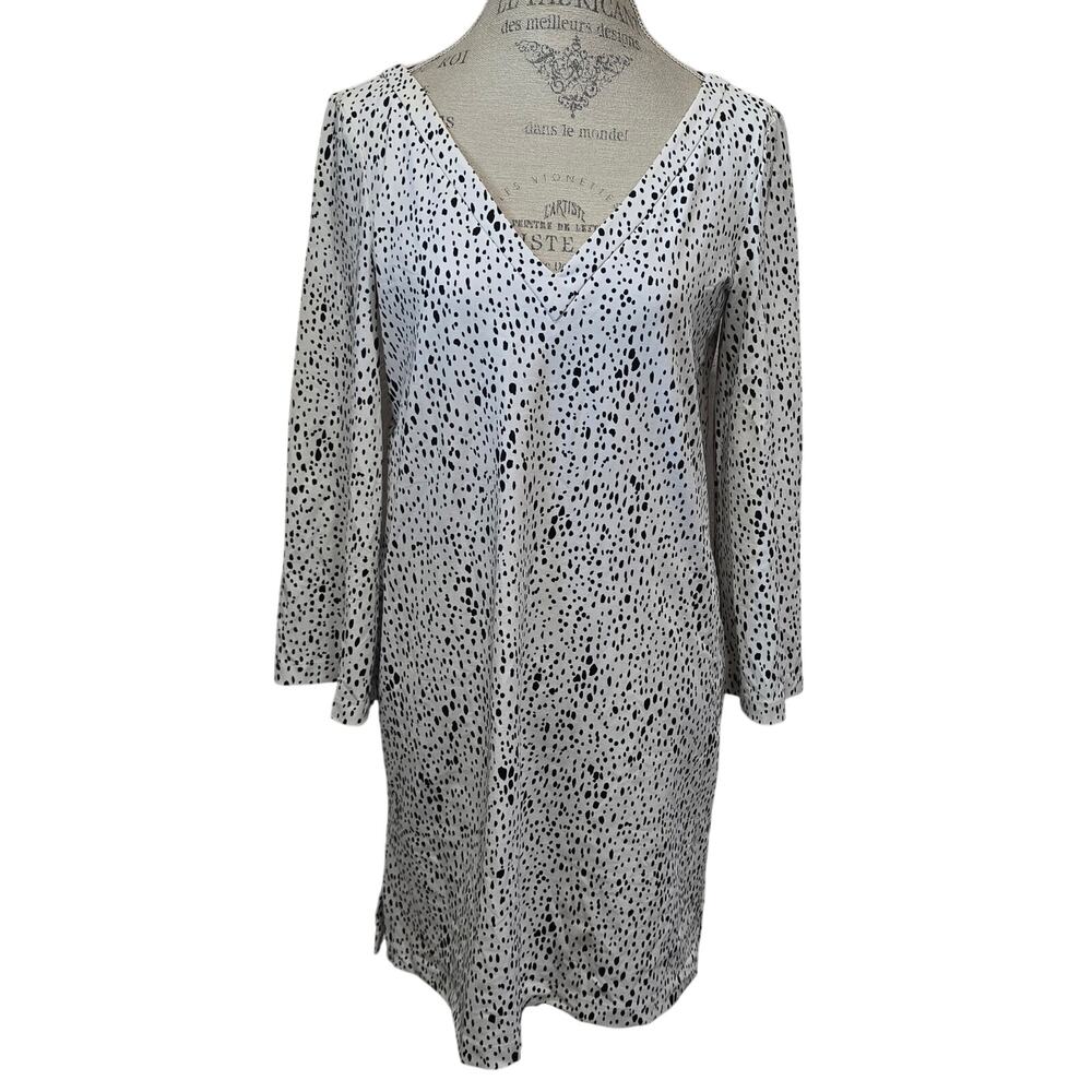Persifor Winpenny Black & White Spotted Print V Neck Long Sleeve Dress